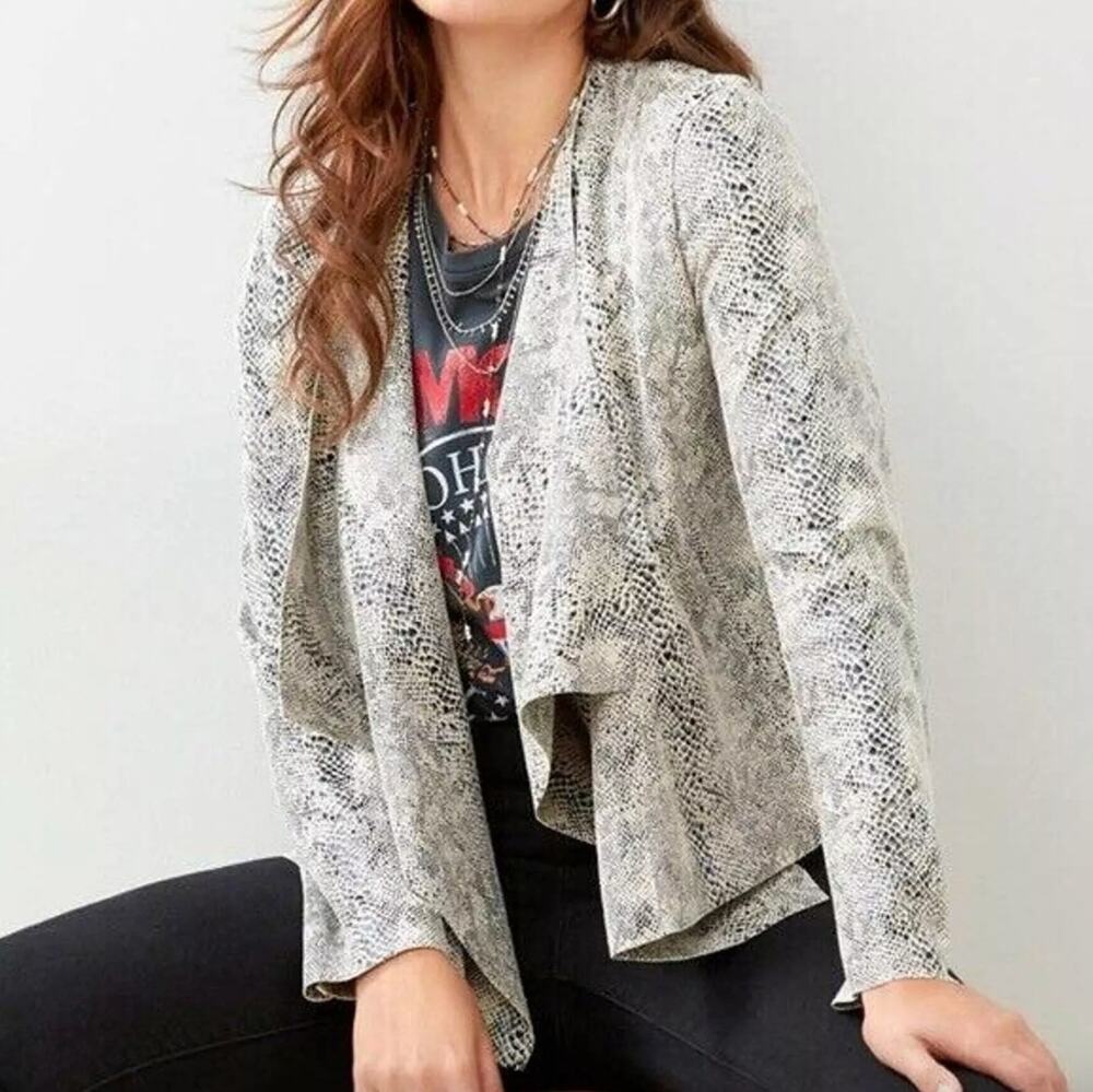 NEW Blank NYC Faux Suede Snake Print Open Front Drape Light Jacket Size S Boho